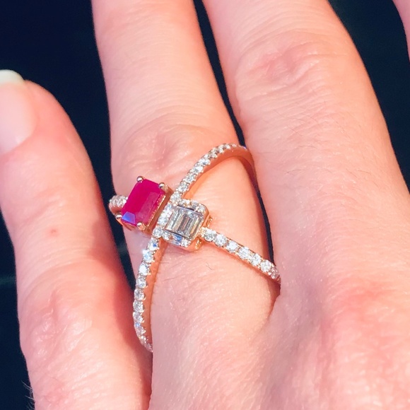 14K Rose Gold Genuine Diamond & Ruby X Ring - Picture 4 of 13